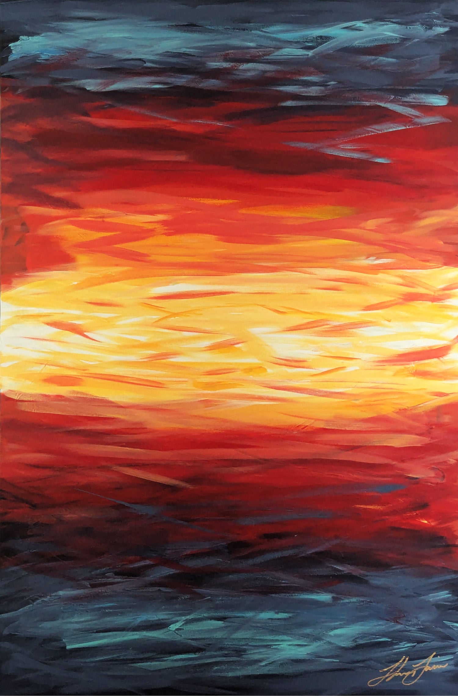 Ocean Sunset abstract painting by Tommy Gorlami, featuring bold reds, blues, and yellows in a vibrant modern composition