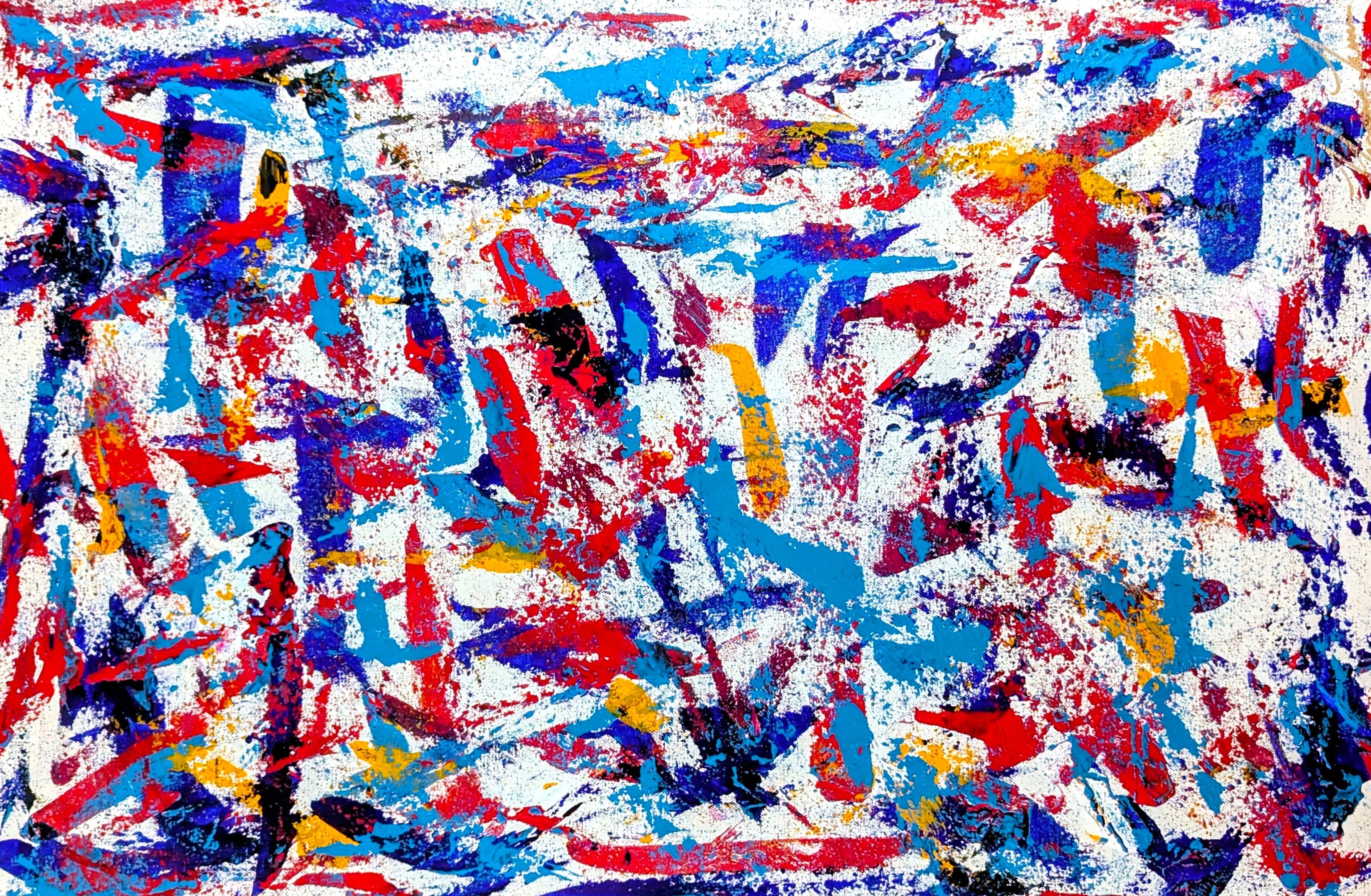 Bold abstract art featured in Tommy Gorlami’s hero banner, showcasing expressive color and modern design with the headline 'Art in Motion'