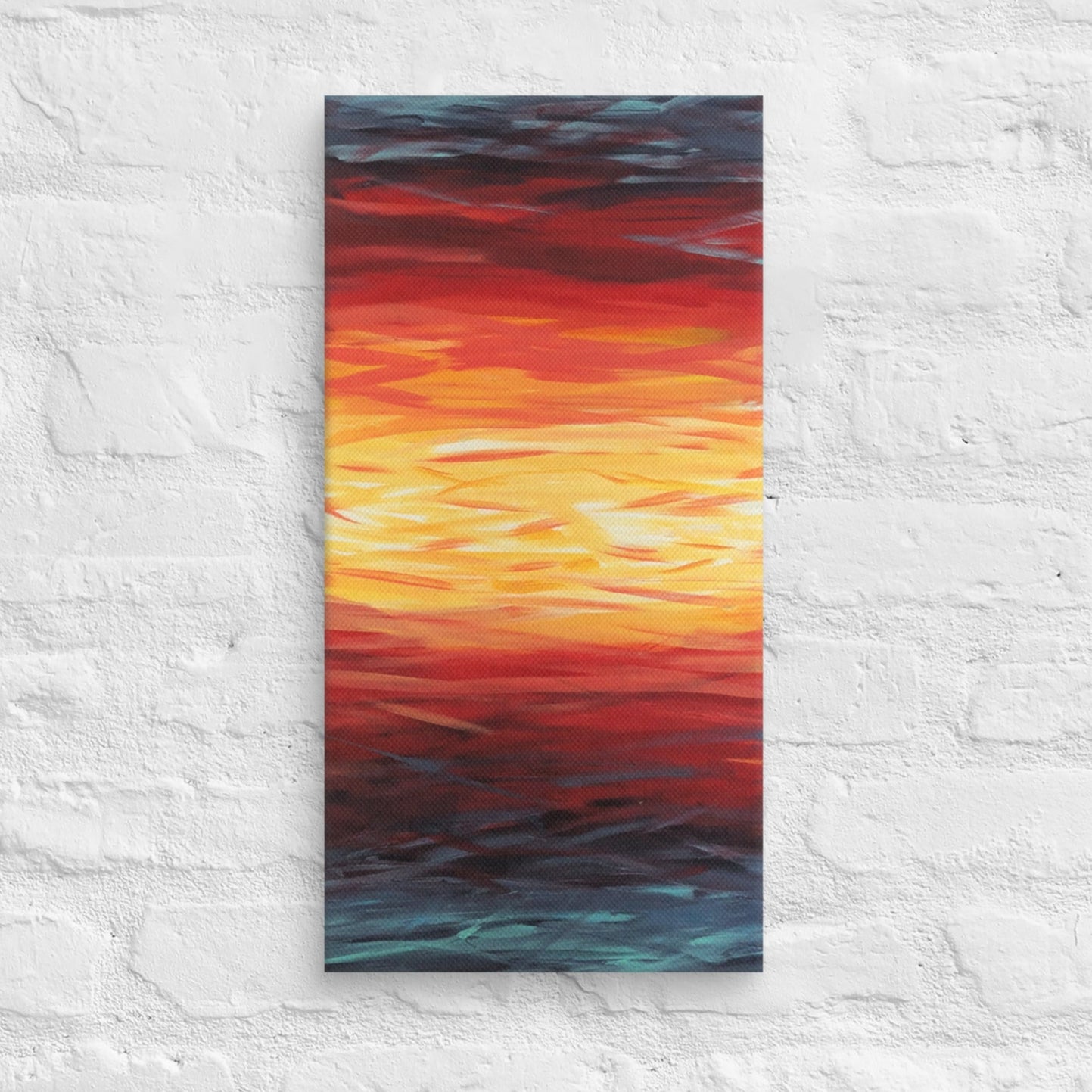 Abstract painting of a sunset with blue, red, yellow, and white on a textured white wall