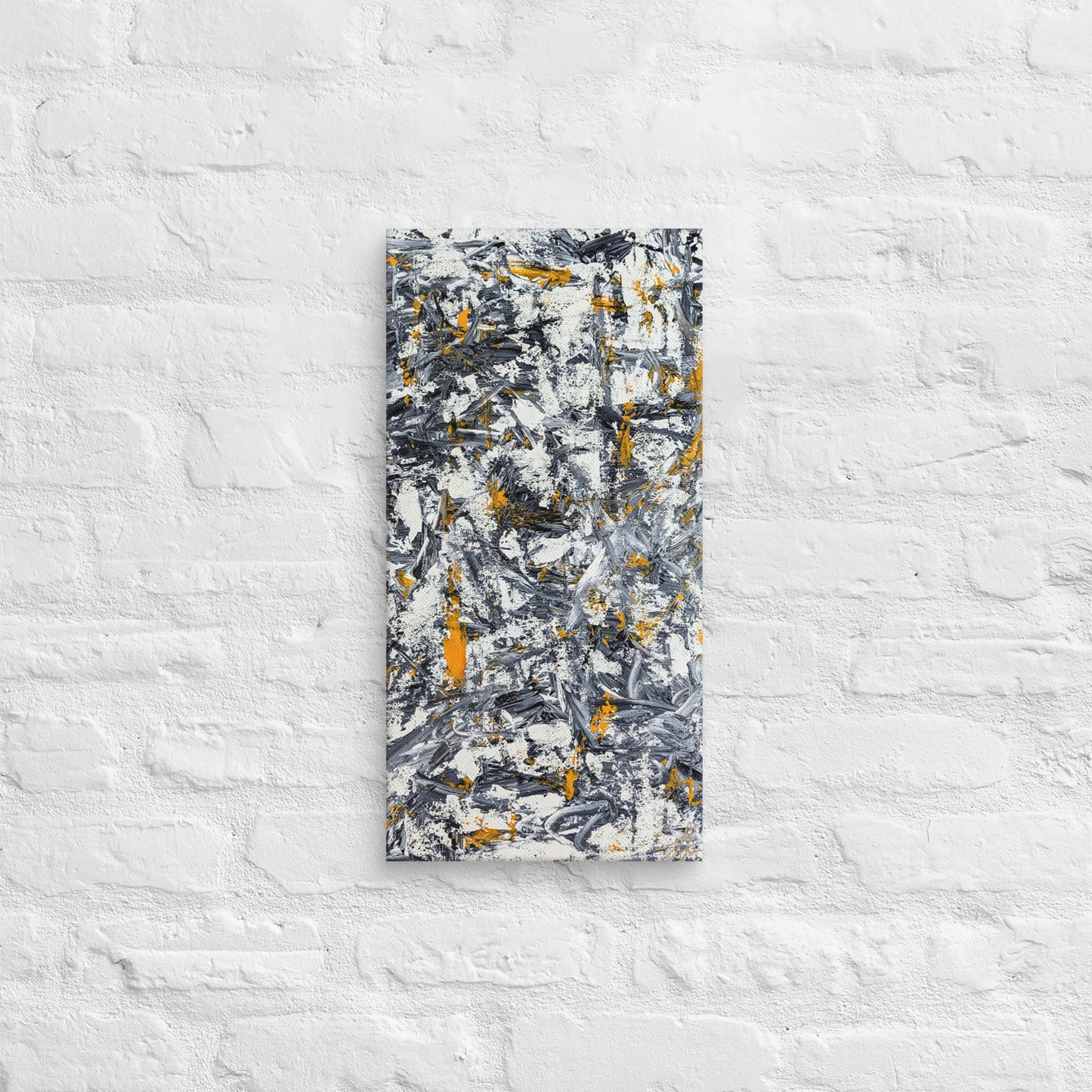 Abstract painting with black, yellow, and white on a textured white wall