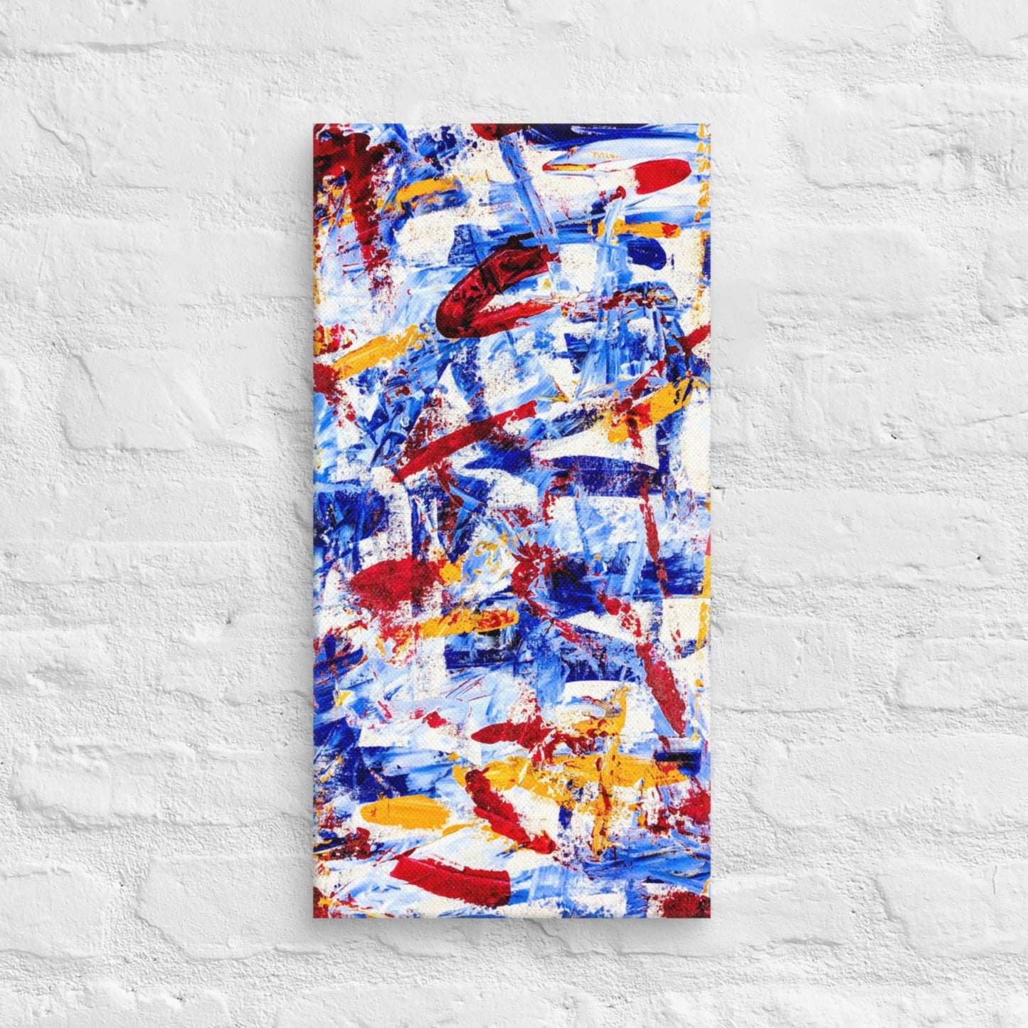 Abstract painting titled "Rebel Parade" featuring bold red strokes layered over cool blues, whites, and yellows, printed on a gallery-wrapped canvas