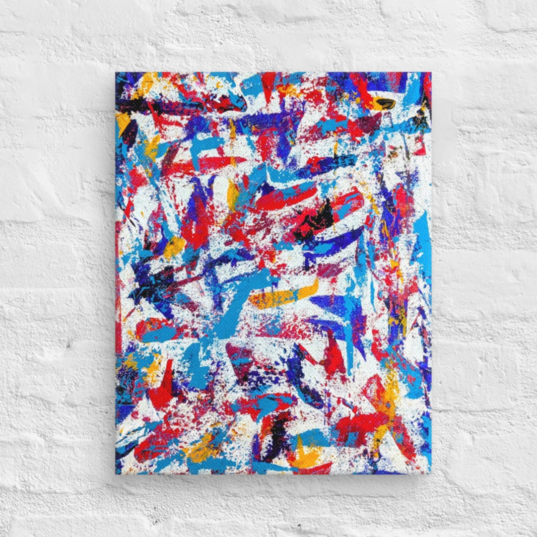 colorful canvas art print mounted on a white brick textured wall, adding vibrant energy to a minimalist interior space