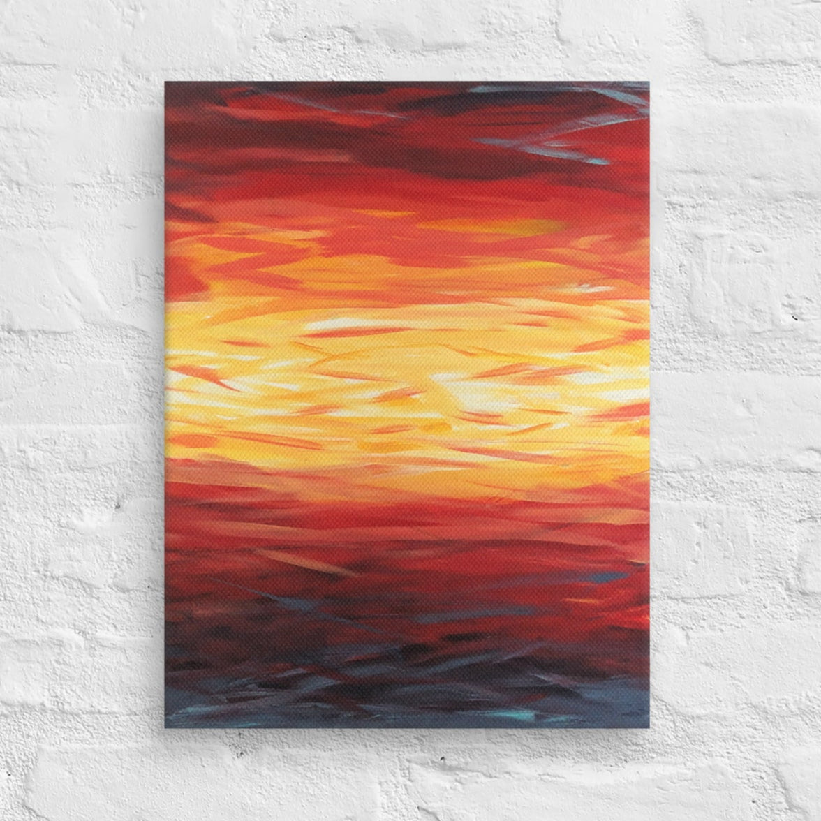 Abstract painting of a sunset with blue, red, yellow, and white on a textured white wall