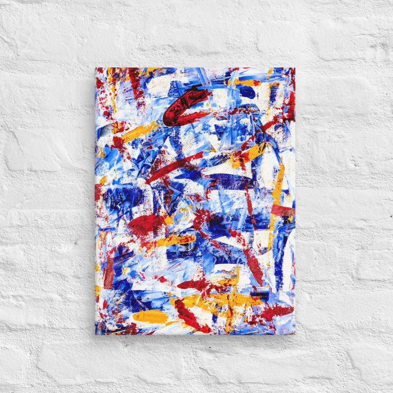 Abstract painting titled "Rebel Parade" featuring bold red strokes layered over cool blues, whites, and yellows, printed on a gallery-wrapped canvas