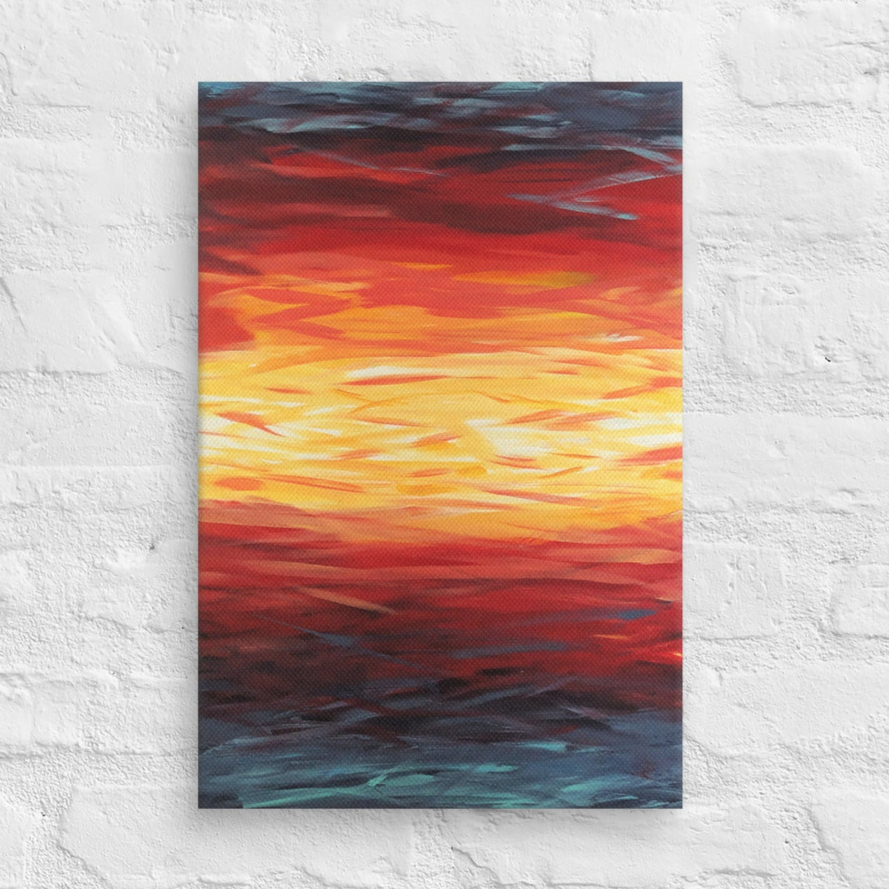 Abstract painting of a sunset with blue, red, yellow, and white on a textured white wall