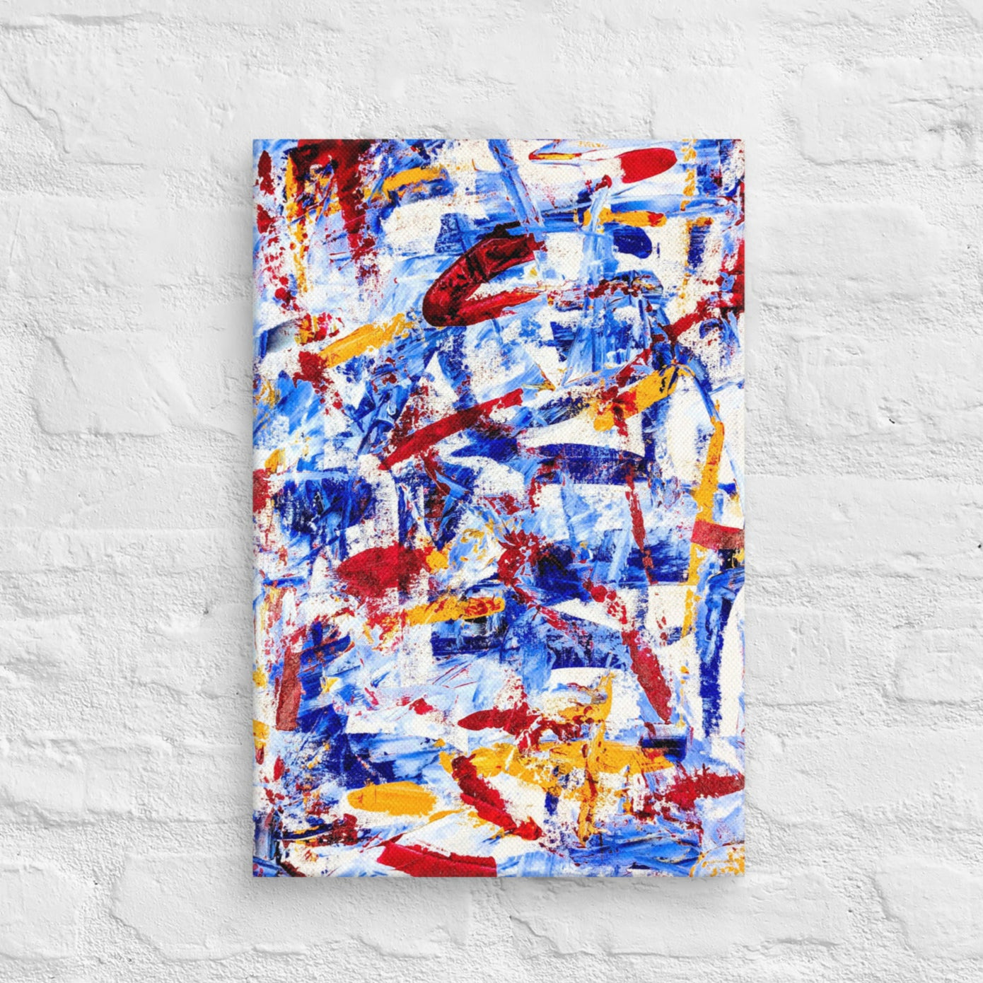 Abstract painting titled "Rebel Parade" featuring bold red strokes layered over cool blues, whites, and yellows, printed on a gallery-wrapped canvas