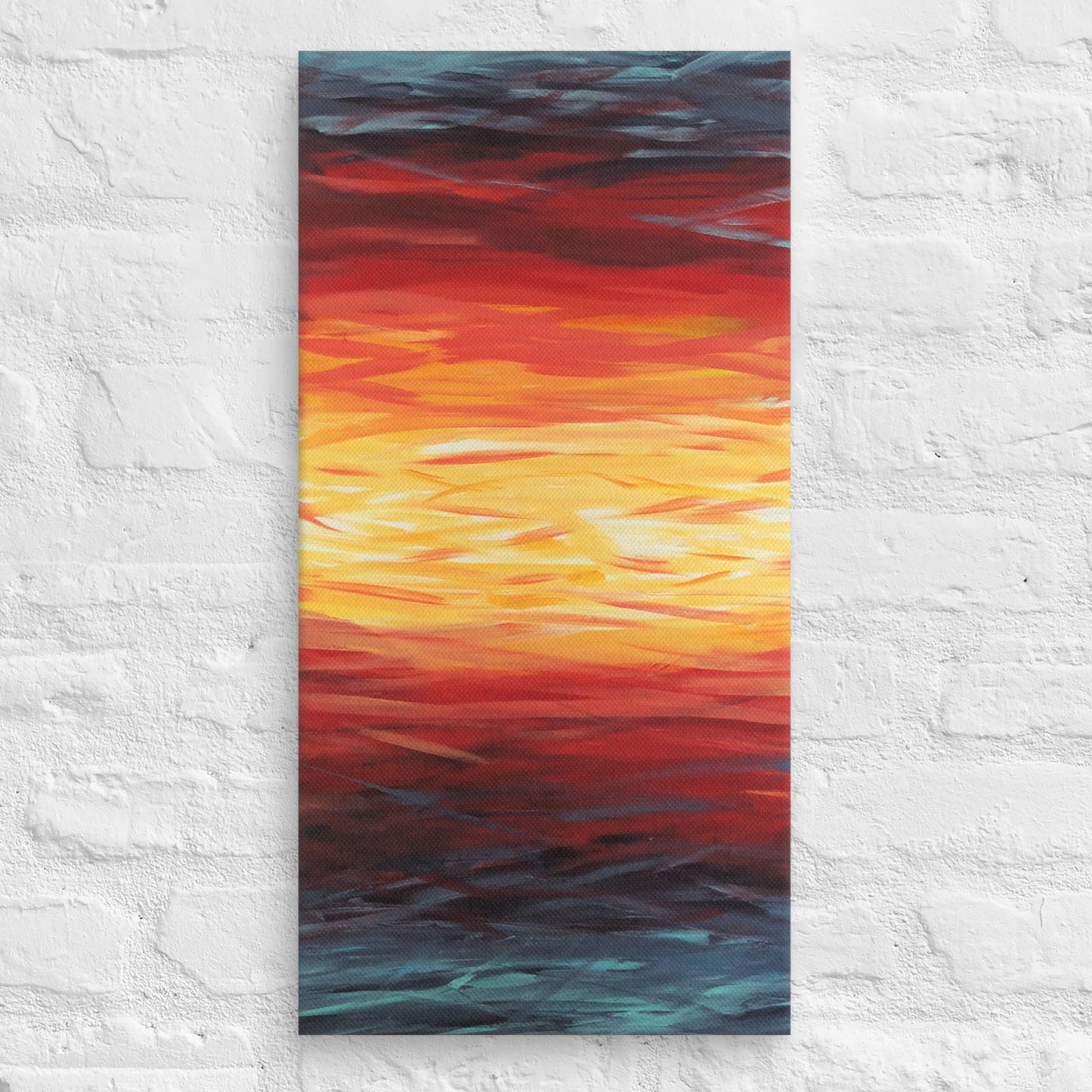 Abstract painting of a sunset with blue, red, yellow, and white on a textured white wall