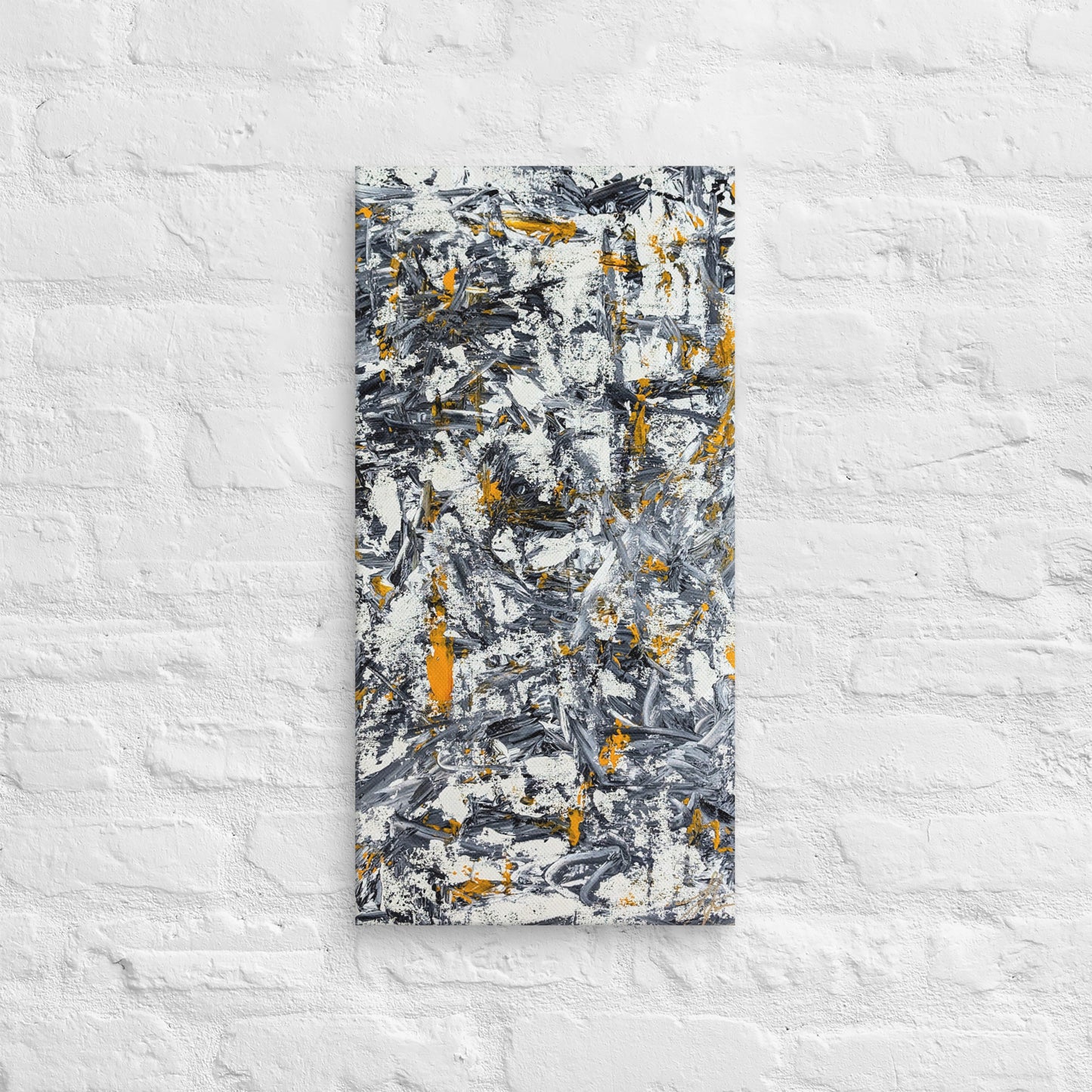 Abstract painting with black, yellow, and white on a textured white wall