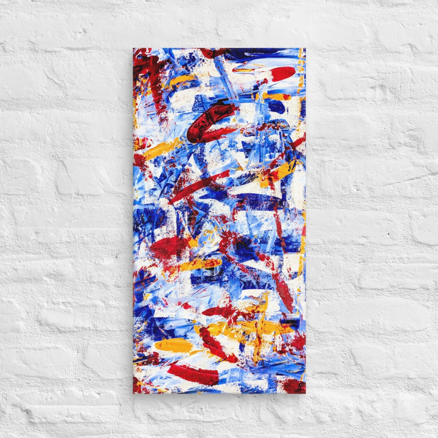 Abstract painting titled "Rebel Parade" featuring bold red strokes layered over cool blues, whites, and yellows, printed on a gallery-wrapped canvas