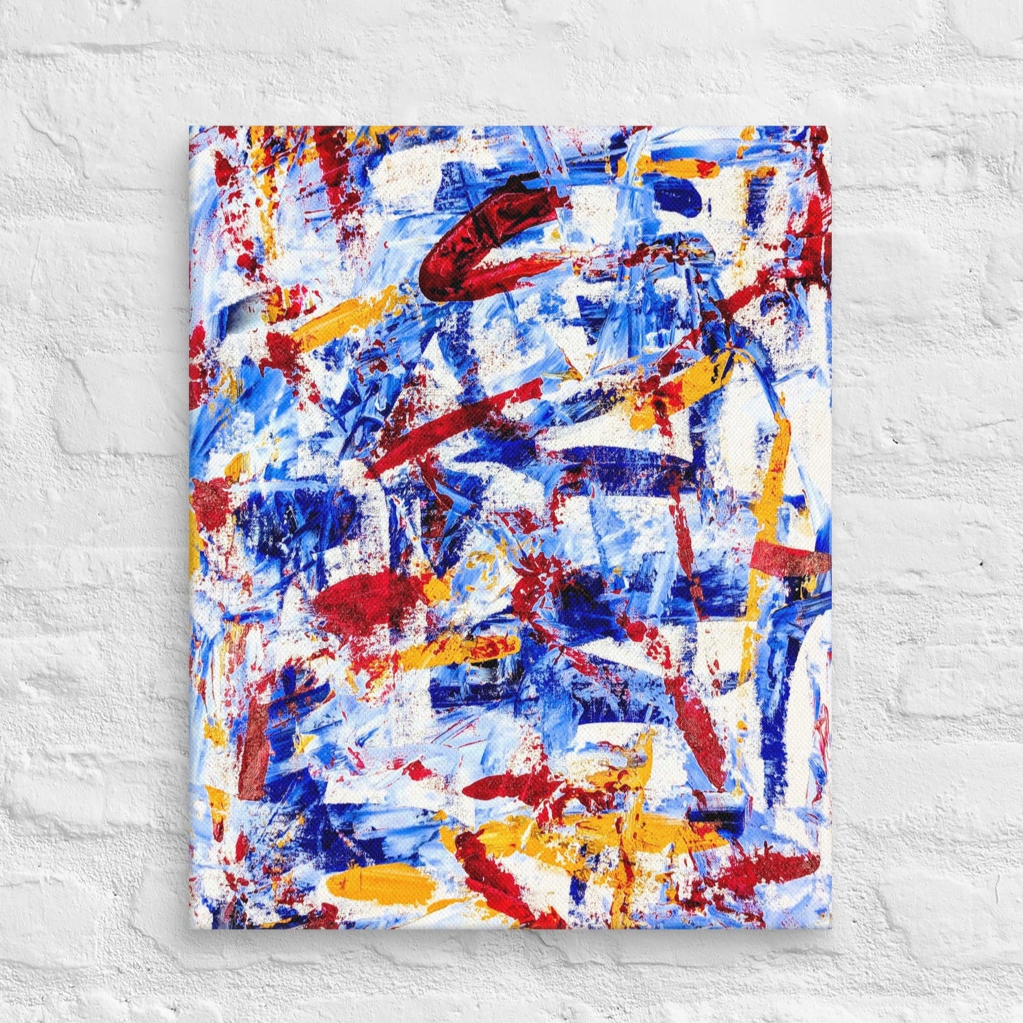 Abstract painting titled "Rebel Parade" featuring bold red strokes layered over cool blues, whites, and yellows, printed on a gallery-wrapped canvas