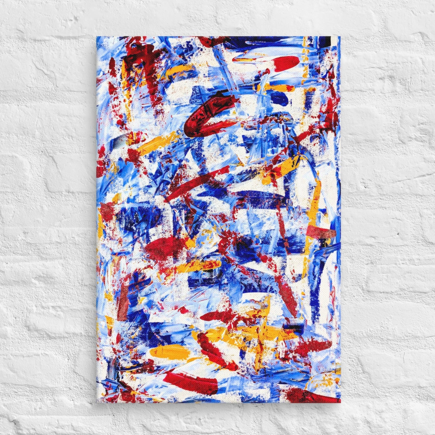 Abstract painting titled "Rebel Parade" featuring bold red strokes layered over cool blues, whites, and yellows, printed on a gallery-wrapped canvas