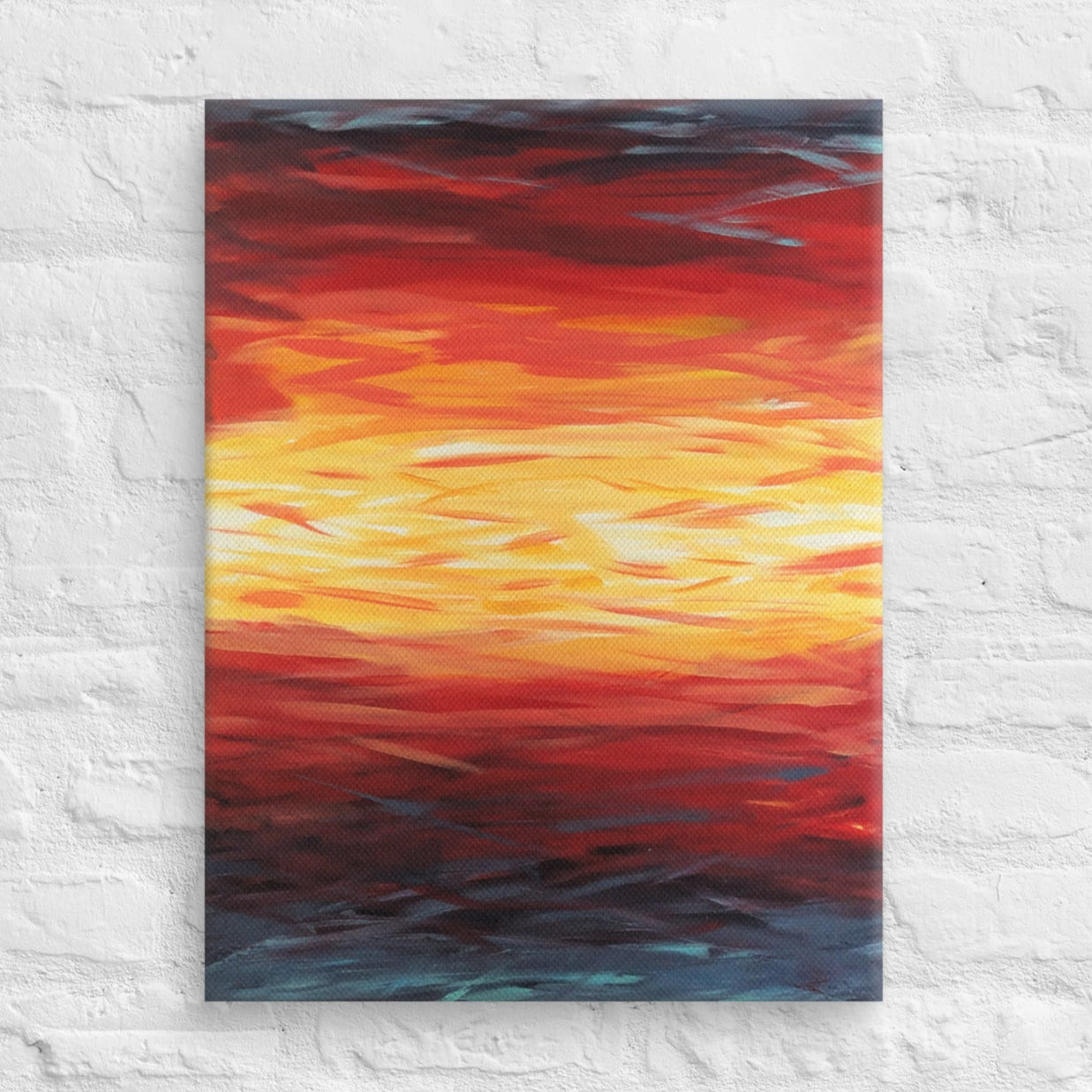 Abstract painting of a sunset with blue, red, yellow, and white on a textured white wall