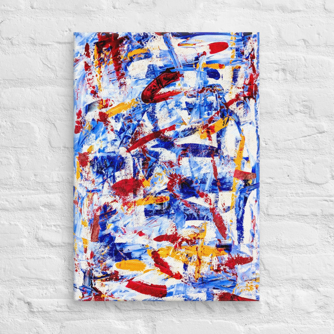 Abstract painting titled "Rebel Parade" featuring bold red strokes layered over cool blues, whites, and yellows, printed on a gallery-wrapped canvas
