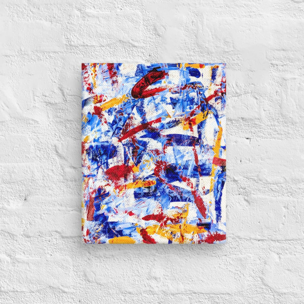 Abstract painting titled "Rebel Parade" featuring bold red strokes layered over cool blues, whites, and yellows, printed on a gallery-wrapped canvas