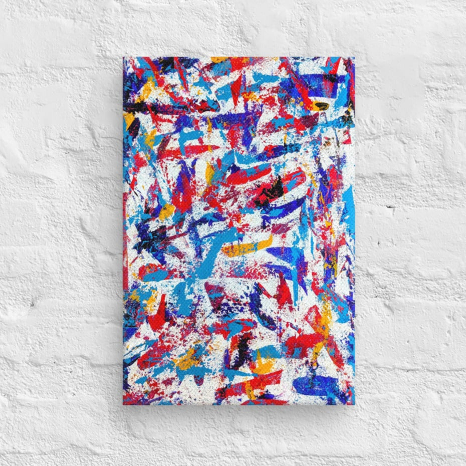 colorful canvas art print mounted on a white brick textured wall, adding vibrant energy to a minimalist interior space