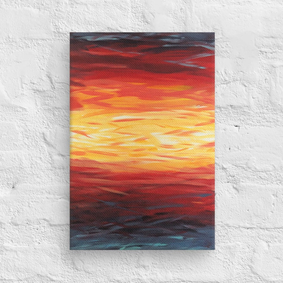 Abstract painting of a sunset with blue, red, yellow, and white on a textured white wall