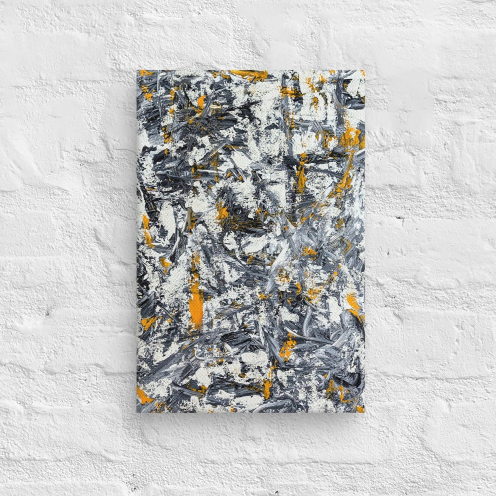 Abstract painting with black, yellow, and white on a textured white wall