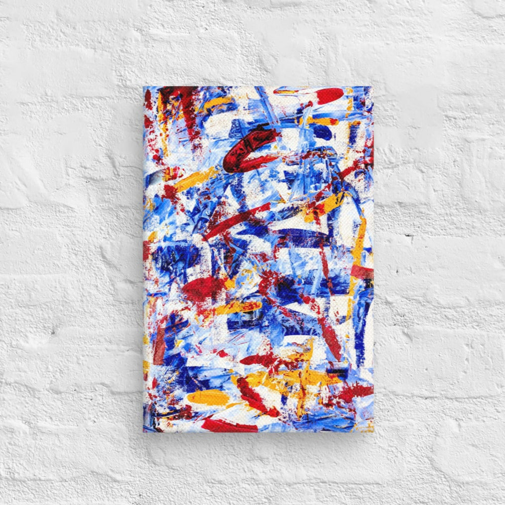 Abstract painting titled "Rebel Parade" featuring bold red strokes layered over cool blues, whites, and yellows, printed on a gallery-wrapped canvas