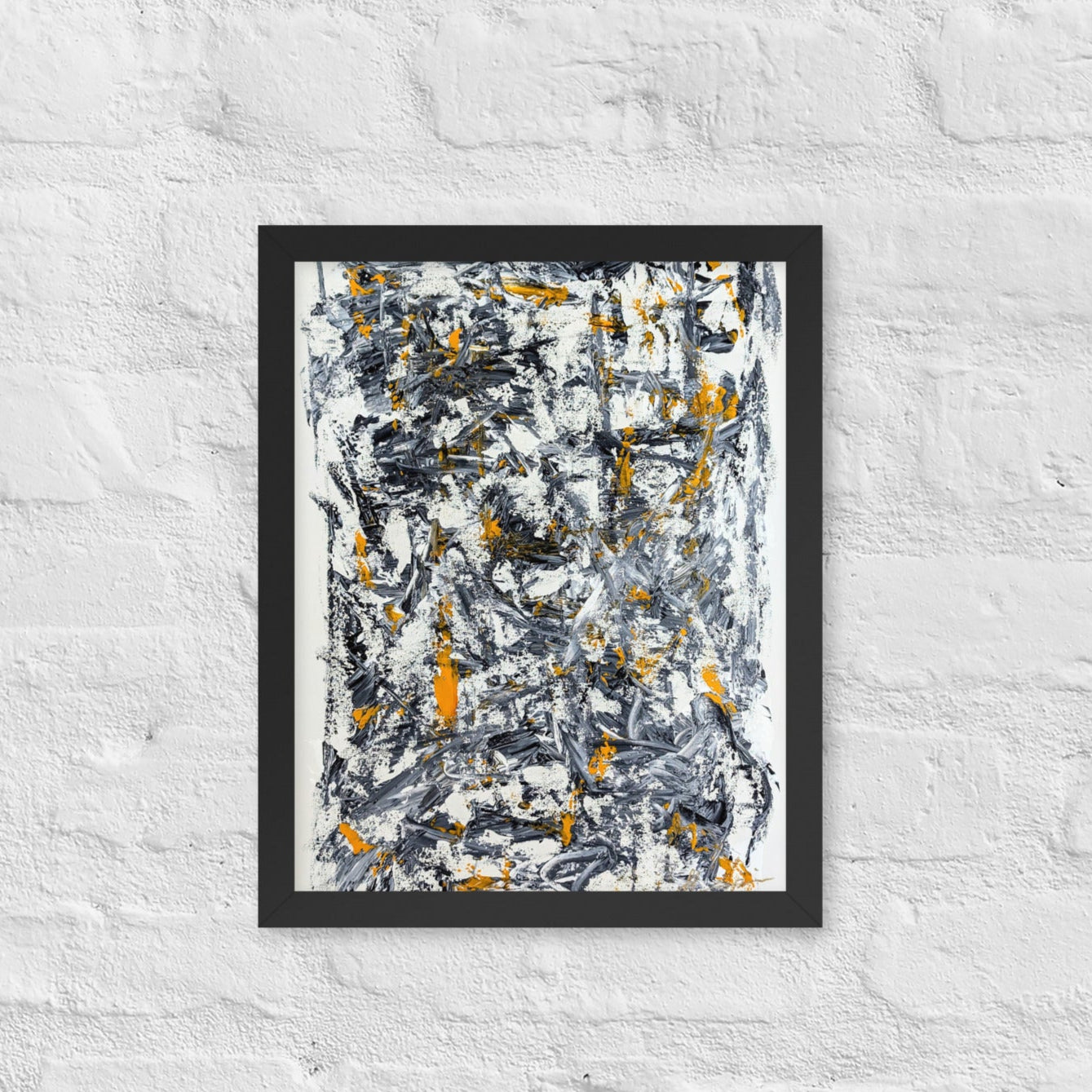 Abstract painting with black, yellow, and white on a textured white wall