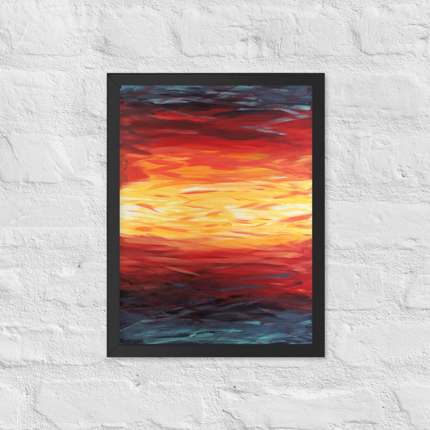 Abstract painting of a sunset with blue, red, yellow, and white on a textured white wall