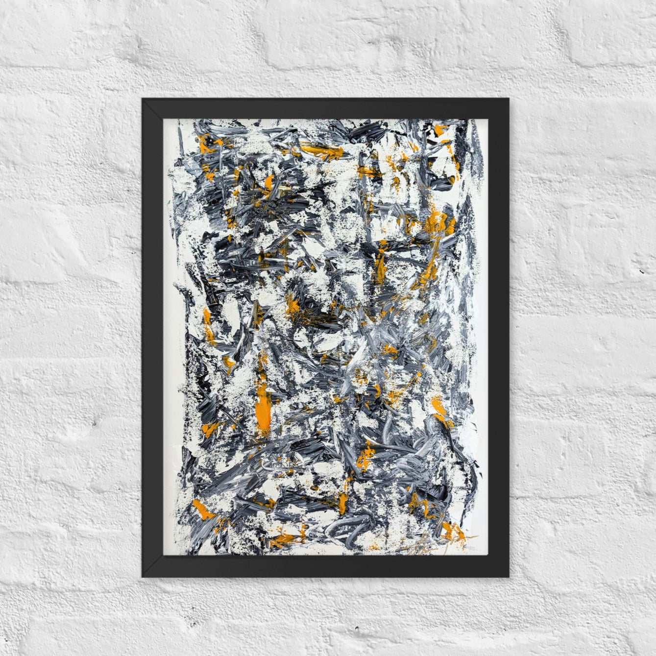 Abstract painting with black, yellow, and white on a textured white wall