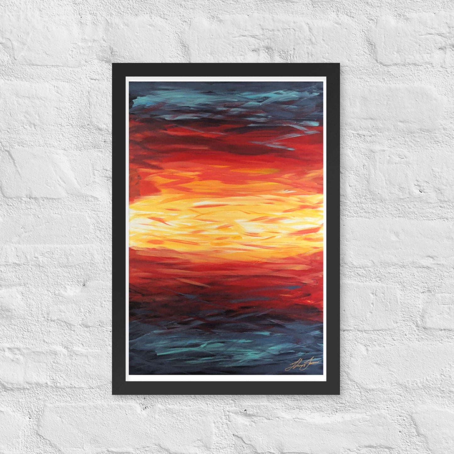 Abstract painting of a sunset with blue, red, yellow, and white on a textured white wall