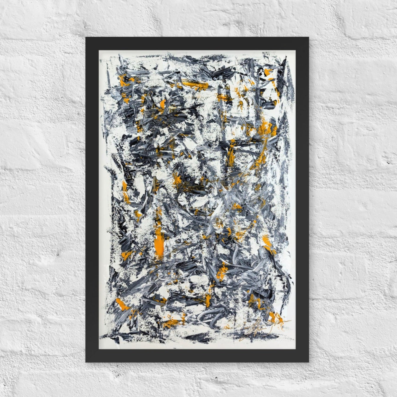 Abstract painting with black, yellow, and white on a textured white wall
