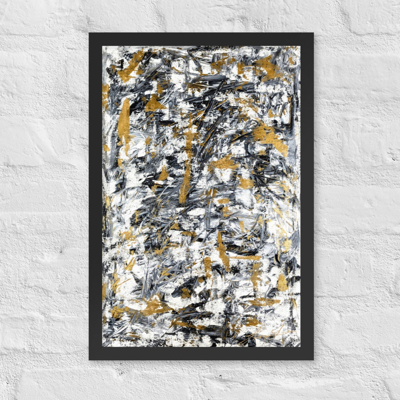 Abstract painting with black, gold, and white on a textured white wall