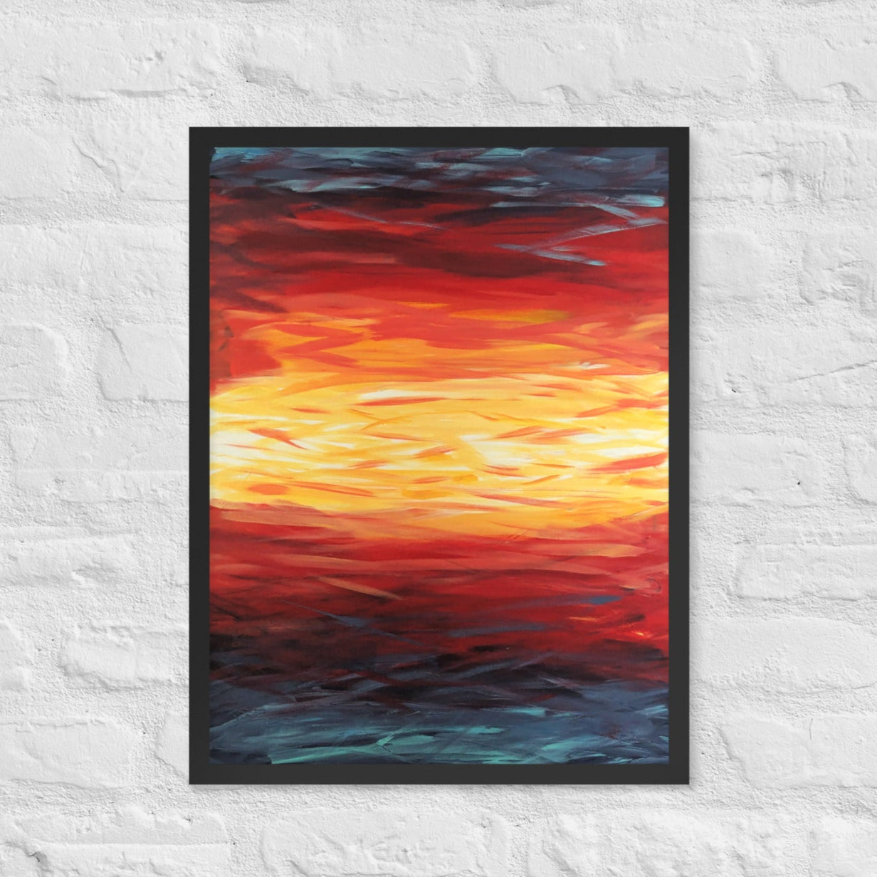 Abstract painting of a sunset with blue, red, yellow, and white on a textured white wall