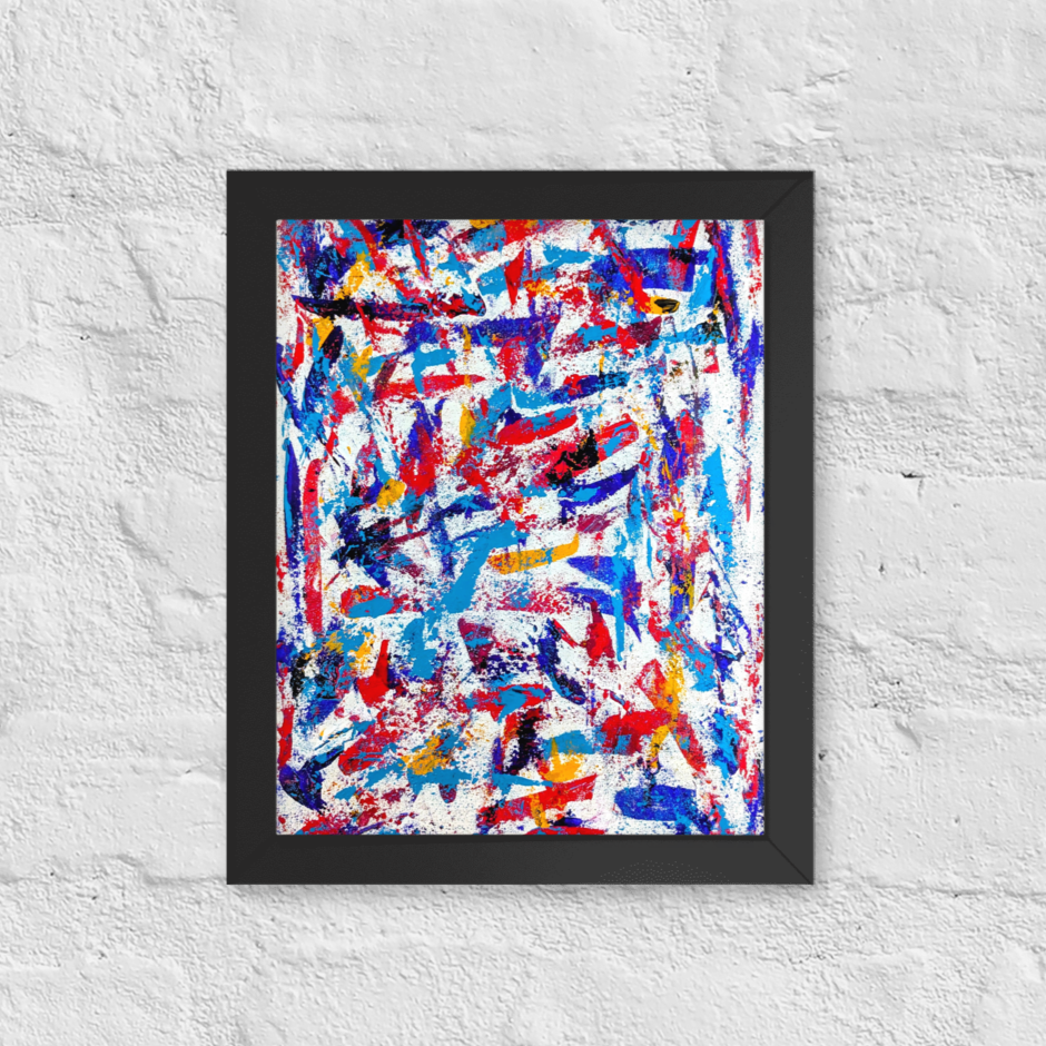 Framed abstract artwork with red, blue, and yellow colors on a textured white wall.