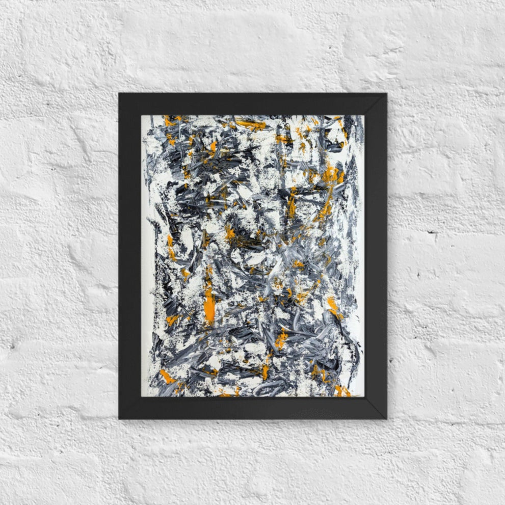 Abstract painting with black, yellow, and white on a textured white wall