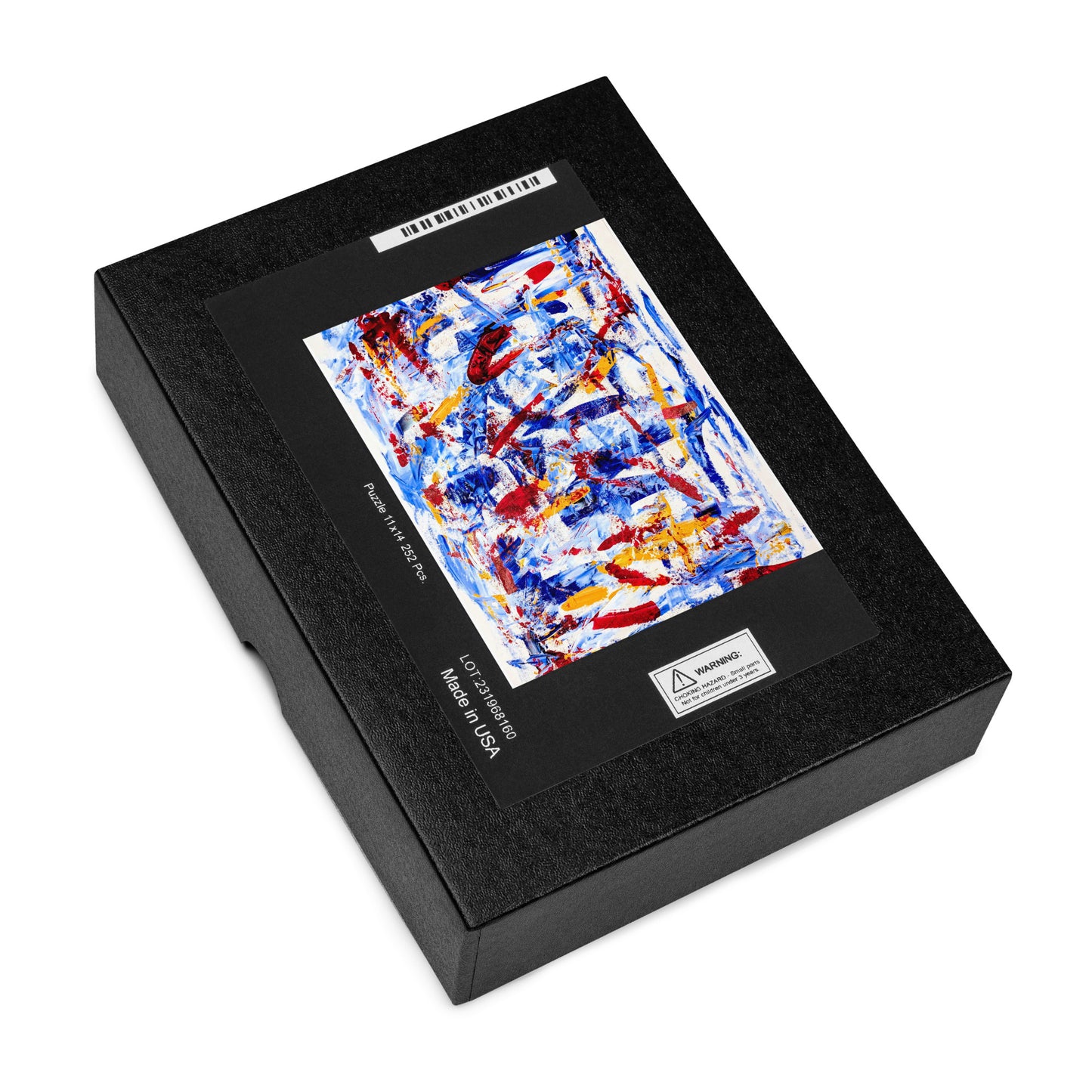 Black rectangular puzzle box featuring the abstract artwork "Rebel Parade" with bold red, blue, and yellow brushstrokes displayed on the front label, set against a white background.