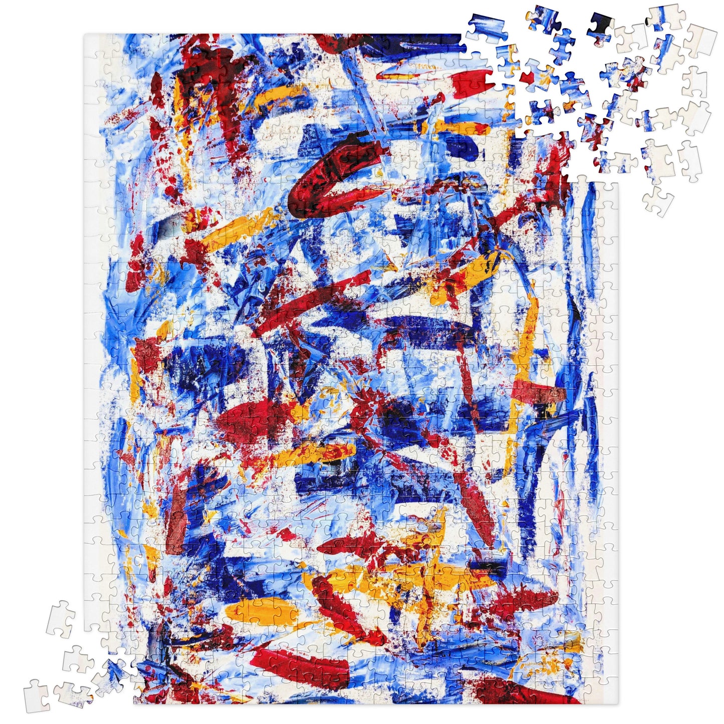 Partially completed jigsaw puzzle featuring the abstract artwork "Rebel Parade" with bold red, blue, and yellow brushstrokes, surrounded by scattered edge and corner pieces on a white background.