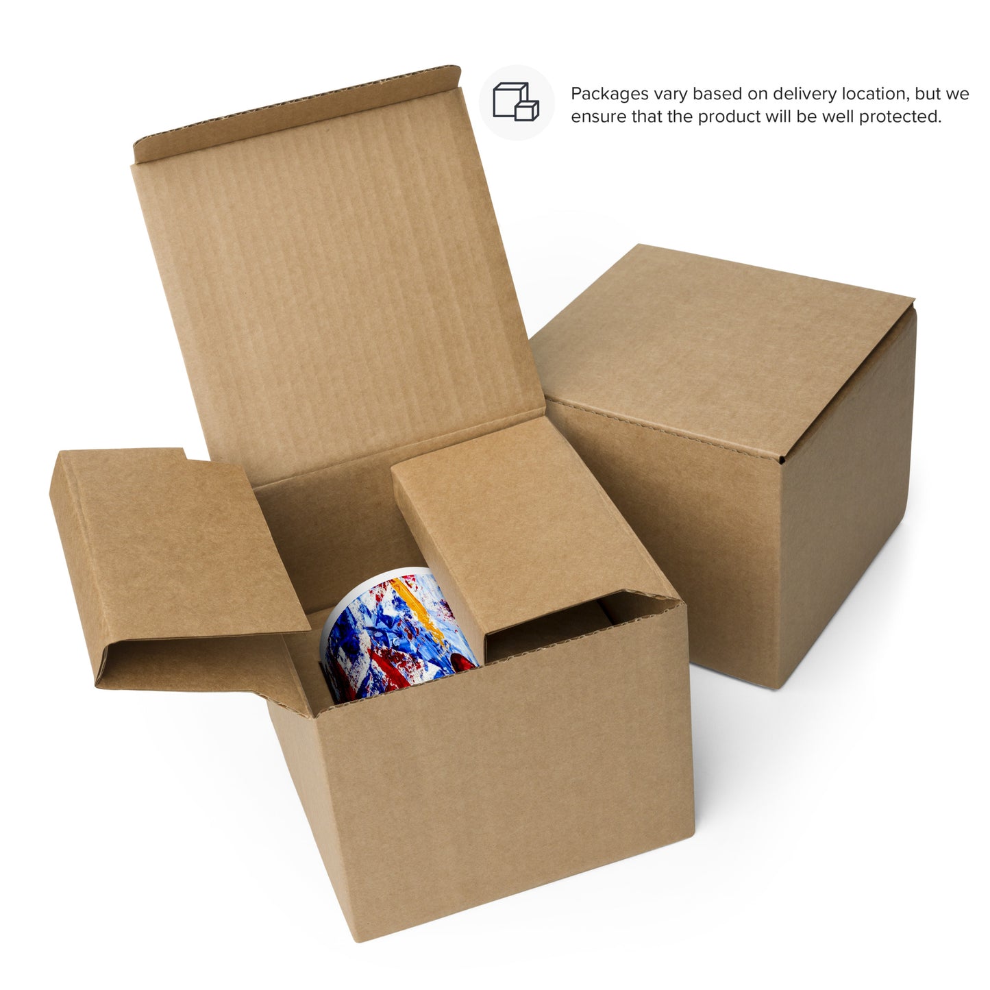 Ceramic mug featuring the abstract artwork "Rebel Parade" with bold red, blue, and white brushstrokes wrapping around the surface, shown in shipping packaging.