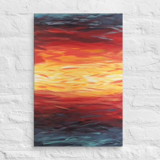 Abstract painting of a sunset with blue, red, yellow, and white on a textured white wall