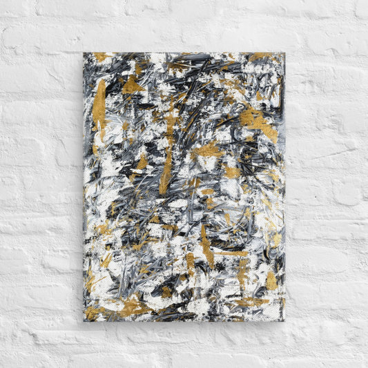 Abstract painting with black, gold, and white on a textured white wall