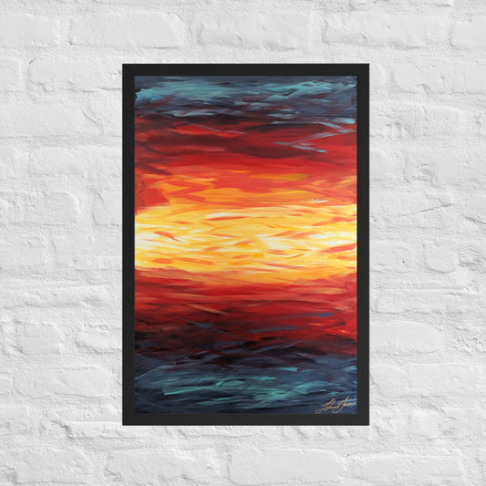 Abstract painting of a sunset with blue, red, yellow, and white on a textured white wall