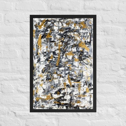Abstract painting with black, gold, and white on a textured white wall