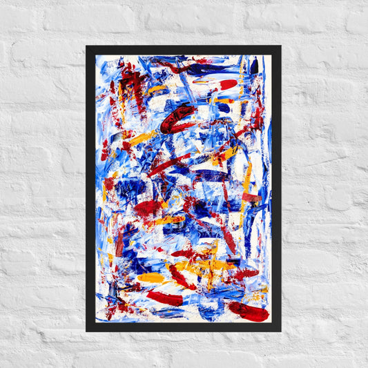 Framed abstract print titled "Rebel Parade" featuring bold red, blue, and white brushstrokes, displayed on a white brick wall in a modern interior setting.