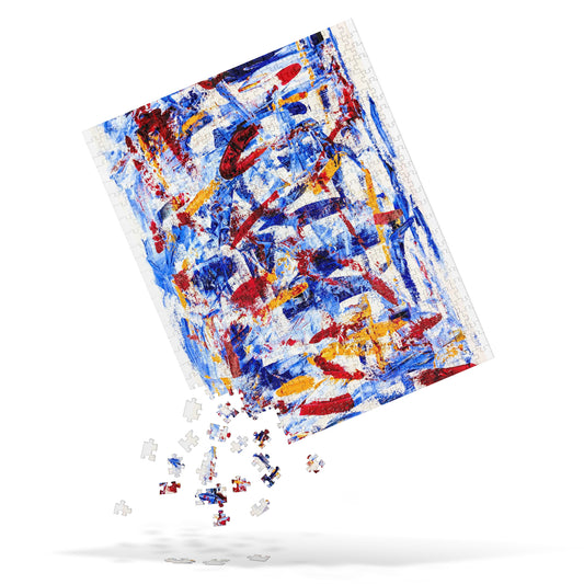 Abstract jigsaw puzzle featuring the artwork "Rebel Parade" with red, blue, and yellow brushstrokes, shown midair with loose puzzle pieces falling from the partially completed image onto a white background.